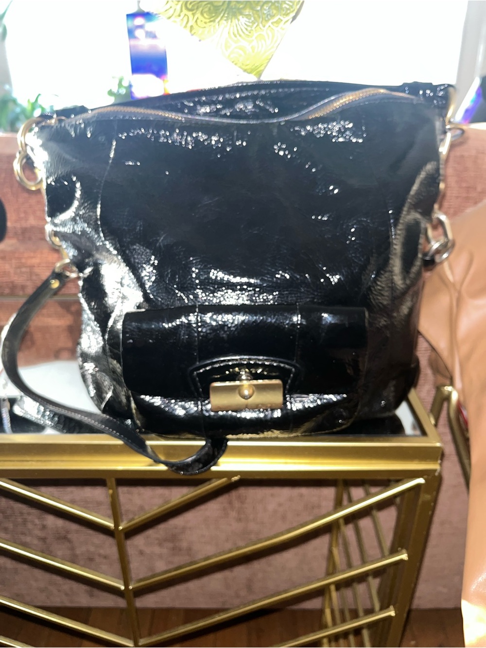 Coach Black Patent Leather Hobo with Gold-Tone Clasp